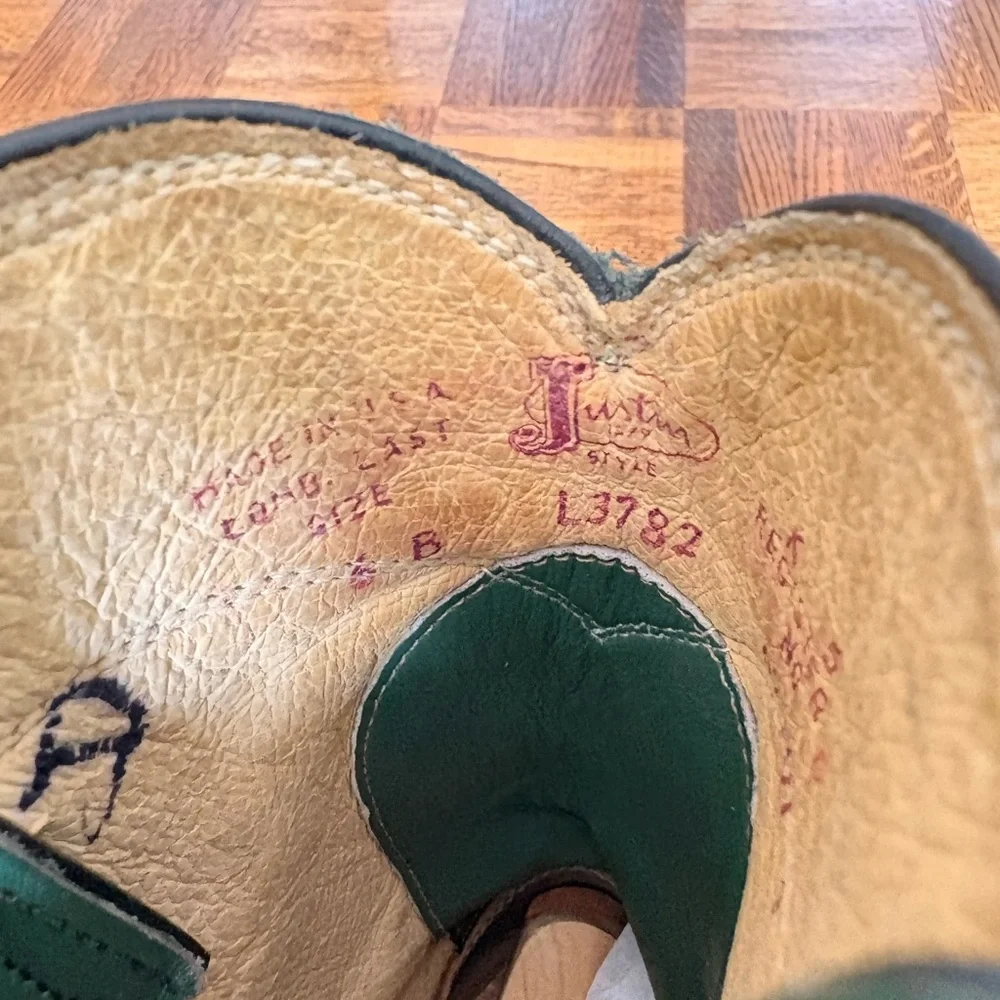Justin Vintage Cowboy Original Green Roper Western Leather Boots - Made in USA - Picture 7 of 16